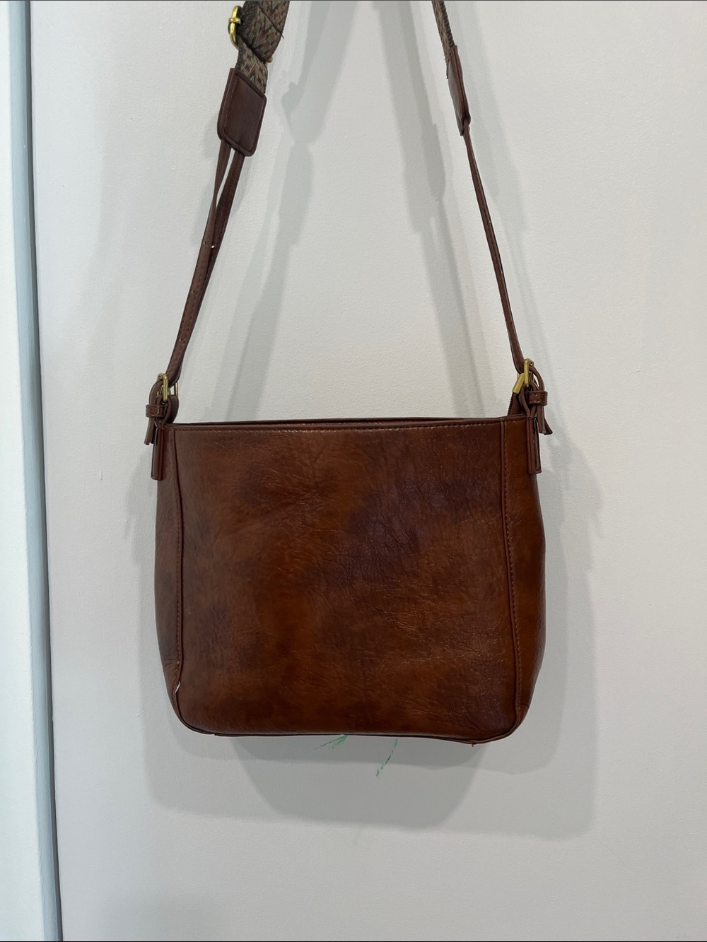 Brown Faux Leather Shoulder Bag with Gold Hardware